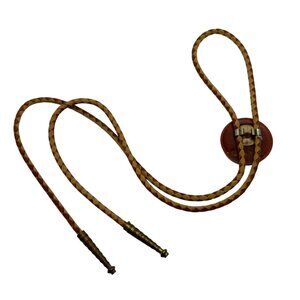 Vintage Western Brown Leather Bolo Tie With Horseshoe Slide & Brass Tips